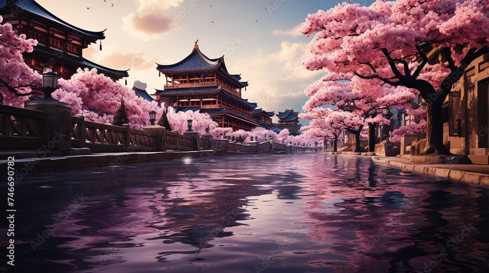 an-aerial-image-of-mt-fuji-through-the-cherry-blossoms-in-the-style-of-grandiose-architecture-light-purple-and-red-pilesstacks-landscape-mastery-culturally-diverse-elements-calming-effect-spir-stockpack-adobe-stock an aerial image of mt fuji through the cherry blossoms, in the style of grandiose architecture, light purple and red, piles/stacks, landscape mastery, culturally diverse elements, calming effect, spir