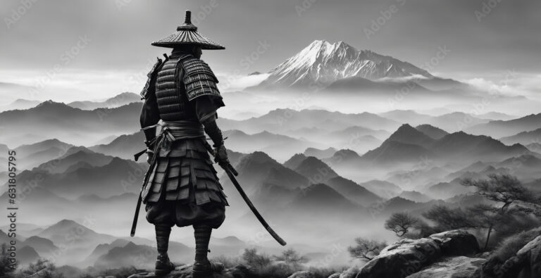 immagine primo piano di antico guerriero samurai che osserva una vallata nebbiosa e montagne all'orizzonte