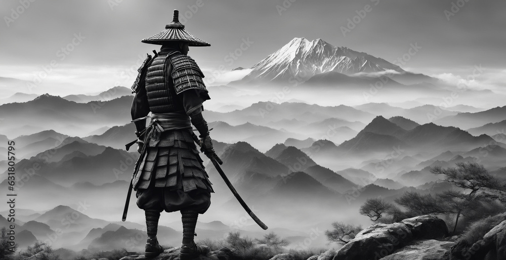 immagine primo piano di antico guerriero samurai che osserva una vallata nebbiosa e montagne all'orizzonte